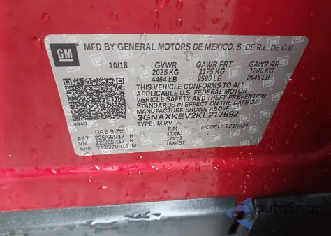 2019 Chevrolet Equinox Lt из США, поврежденный, VIN 3GNAXKEV2KL217692